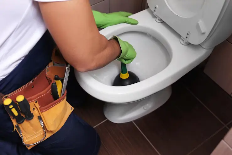 rørlegger reparerer toalett med håndstamper